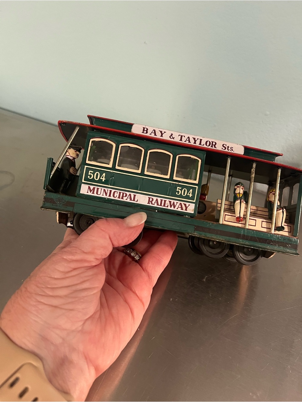 Vintage Green Municipal Railway Tin Toy Streetcar - Bay & Taylor Sts